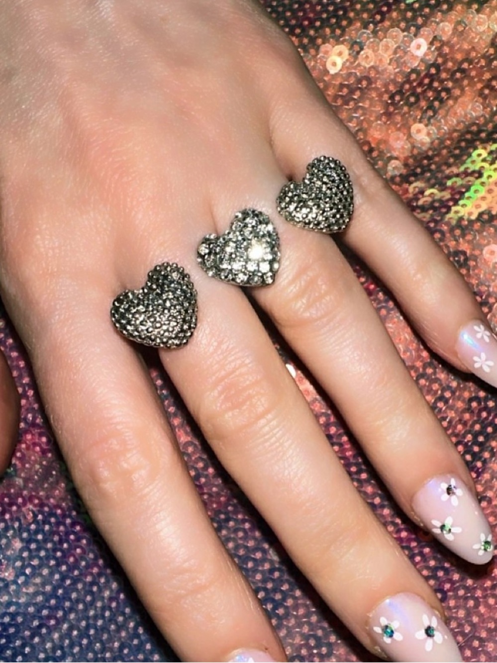 UO • Double Knuckle Silver Tone Floating Rhinestone Heart Ring
